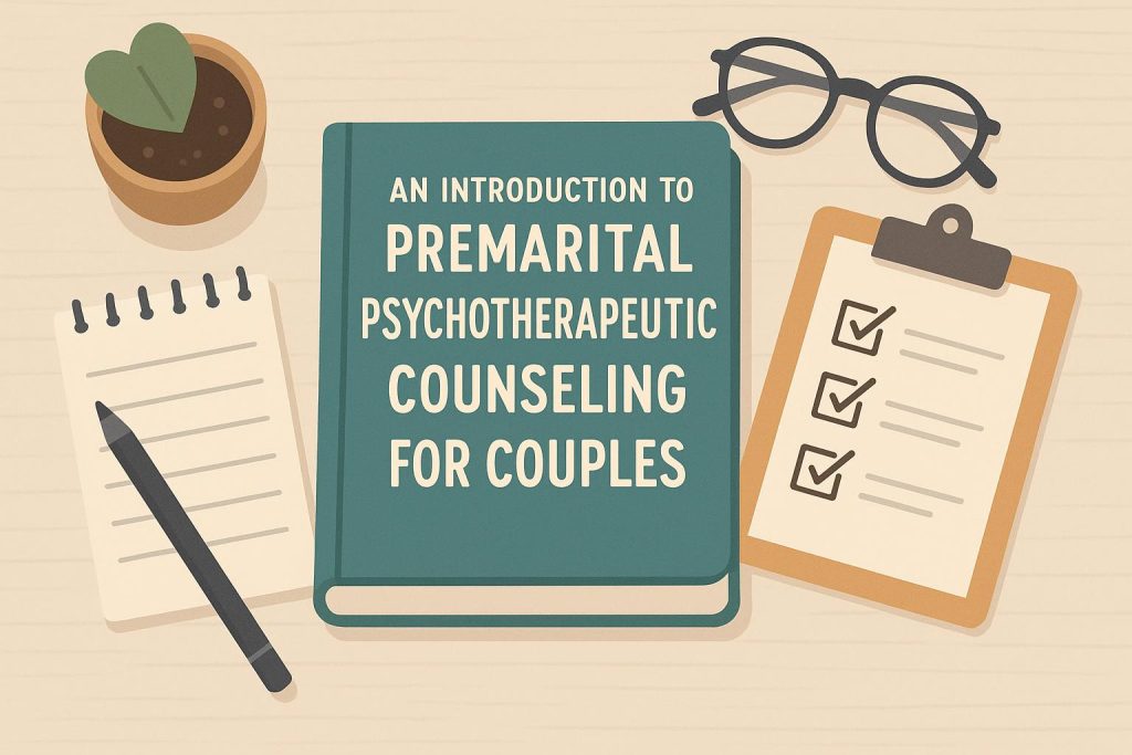 Premarital counseling session materials, therapy notes, and wedding rings on a table