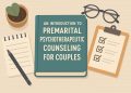 Premarital counseling session materials, therapy notes, and wedding rings on a table