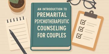 Premarital counseling session materials, therapy notes, and wedding rings on a table