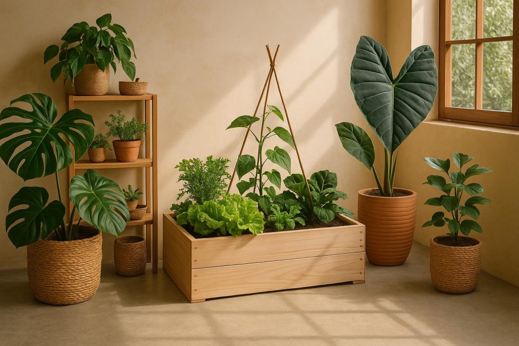 Vertical garden with recycled planters and lush greenery showcasing sustainable home decor