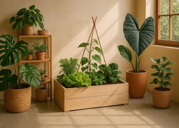 Vertical garden with recycled planters and lush greenery showcasing sustainable home decor