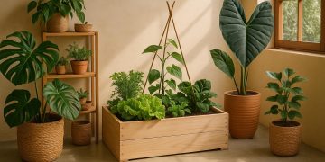 Vertical garden with recycled planters and lush greenery showcasing sustainable home decor