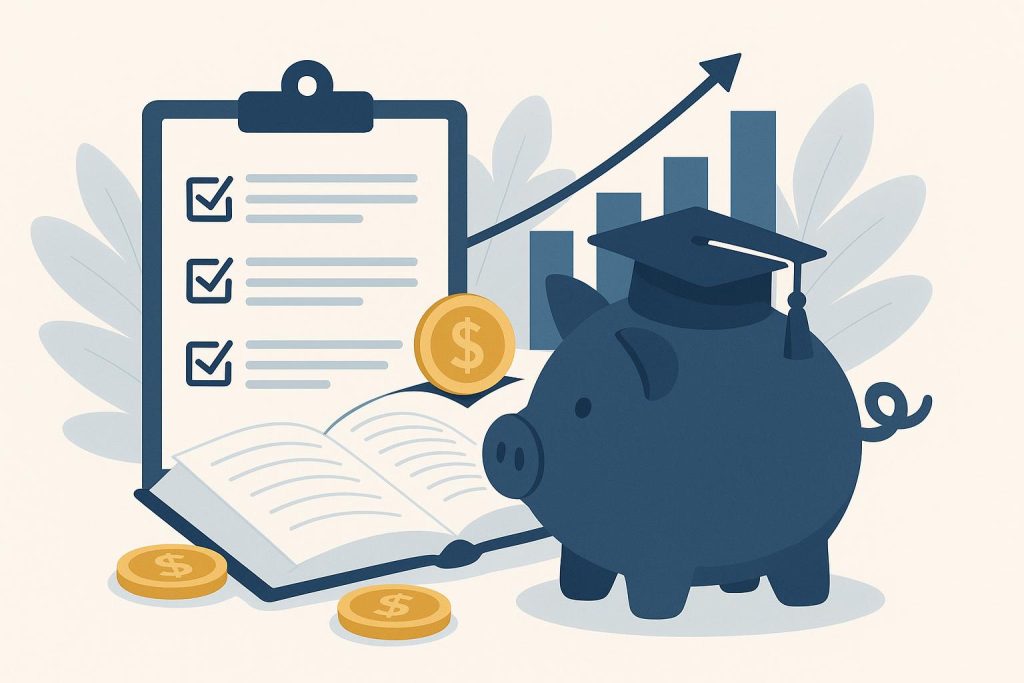 Stack of books, graduation cap, and piggy bank symbolizing smart college savings strategies