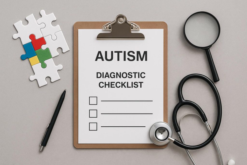 Pediatrician assessing child for early signs and symptoms of autism spectrum disorder
