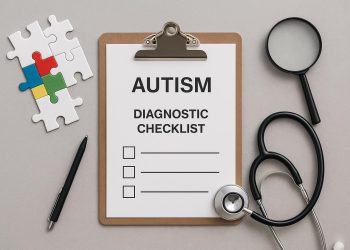 Pediatrician assessing child for early signs and symptoms of autism spectrum disorder