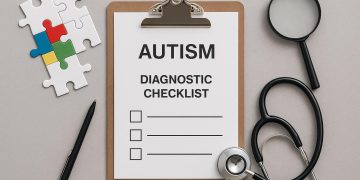Pediatrician assessing child for early signs and symptoms of autism spectrum disorder