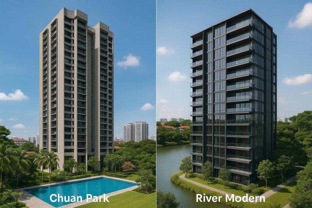 Chuan Park vs River Modern: 2-bedroom apartment investment comparison with exterior views