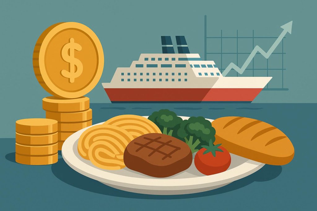 Commercial ship kitchen preparing large quantities of food for maritime meal service operations