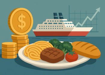 Commercial ship kitchen preparing large quantities of food for maritime meal service operations