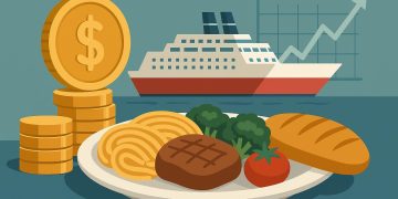 Commercial ship kitchen preparing large quantities of food for maritime meal service operations