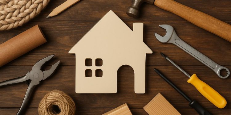 Warm living room with DIY shelves, cozy lighting, and decorative home repair accents