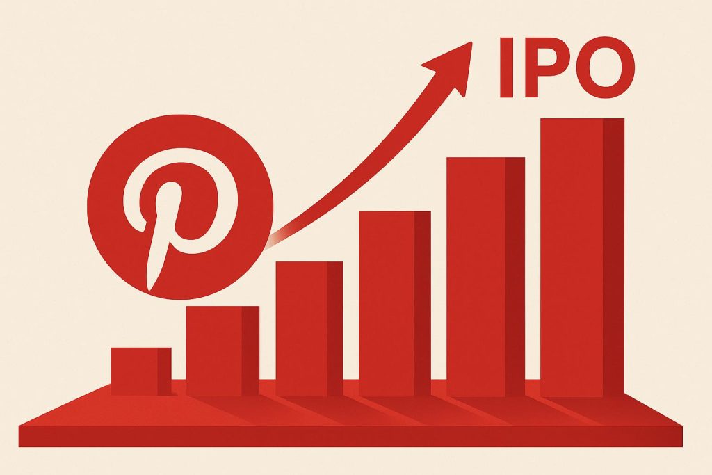 Pinterest logo with stock market growth chart illustrating its path to a successful IPO