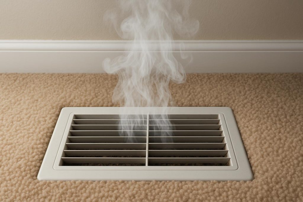 Dusty home heating vent releasing particles, illustrating potential indoor air quality issues