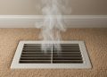 Dusty home heating vent releasing particles, illustrating potential indoor air quality issues
