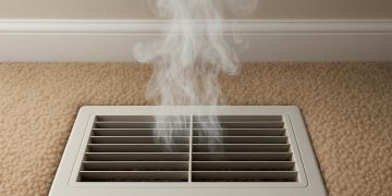 Dusty home heating vent releasing particles, illustrating potential indoor air quality issues