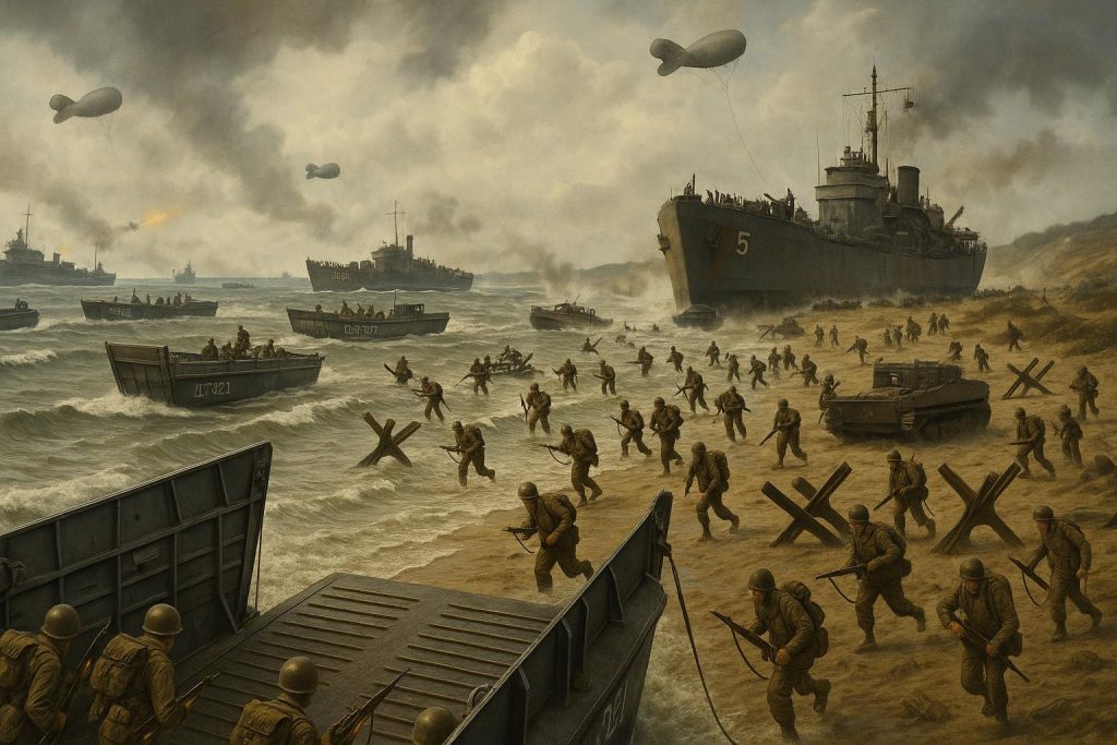 Normandy beach landing crafts and defenses illustrating D-Day military strategies
