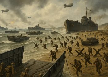Normandy beach landing crafts and defenses illustrating D-Day military strategies