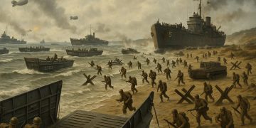 Normandy beach landing crafts and defenses illustrating D-Day military strategies