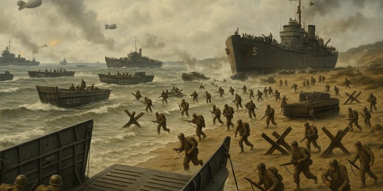 Normandy beach landing crafts and defenses illustrating D-Day military strategies