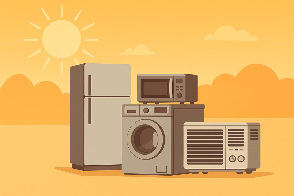 Technician repairing air conditioner in sunny outdoor setting for appliance service article