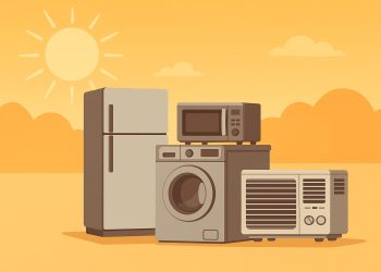 Technician repairing air conditioner in sunny outdoor setting for appliance service article