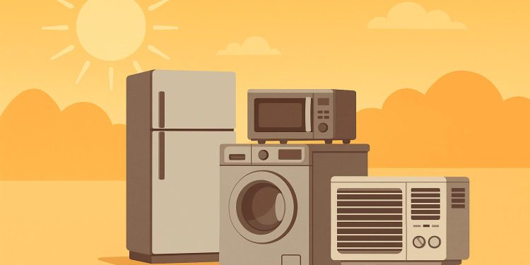 Technician repairing air conditioner in sunny outdoor setting for appliance service article