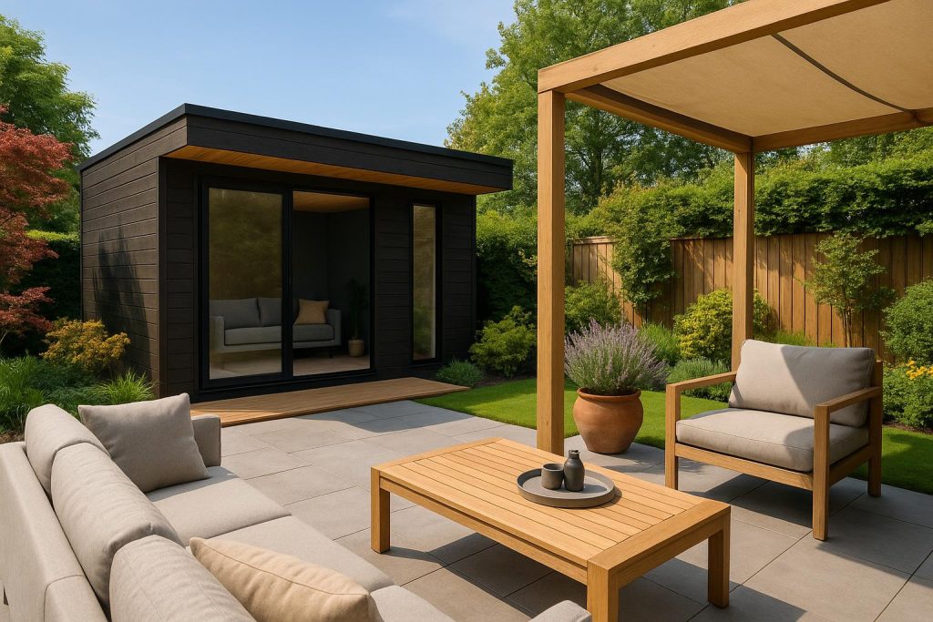 Modern outdoor room with comfortable seating and greenery in a landscaped garden setting