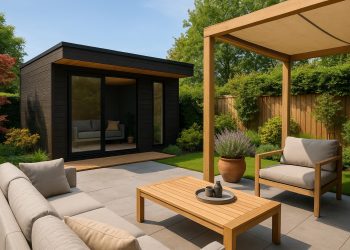 Modern outdoor room with comfortable seating and greenery in a landscaped garden setting