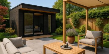 Modern outdoor room with comfortable seating and greenery in a landscaped garden setting