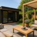 Modern outdoor room with comfortable seating and greenery in a landscaped garden setting
