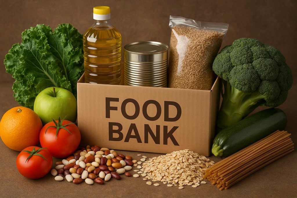 Fresh produce and pantry supplies at a local food bank supporting community nutrition programs