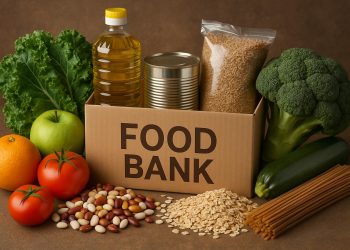 Fresh produce and pantry supplies at a local food bank supporting community nutrition programs