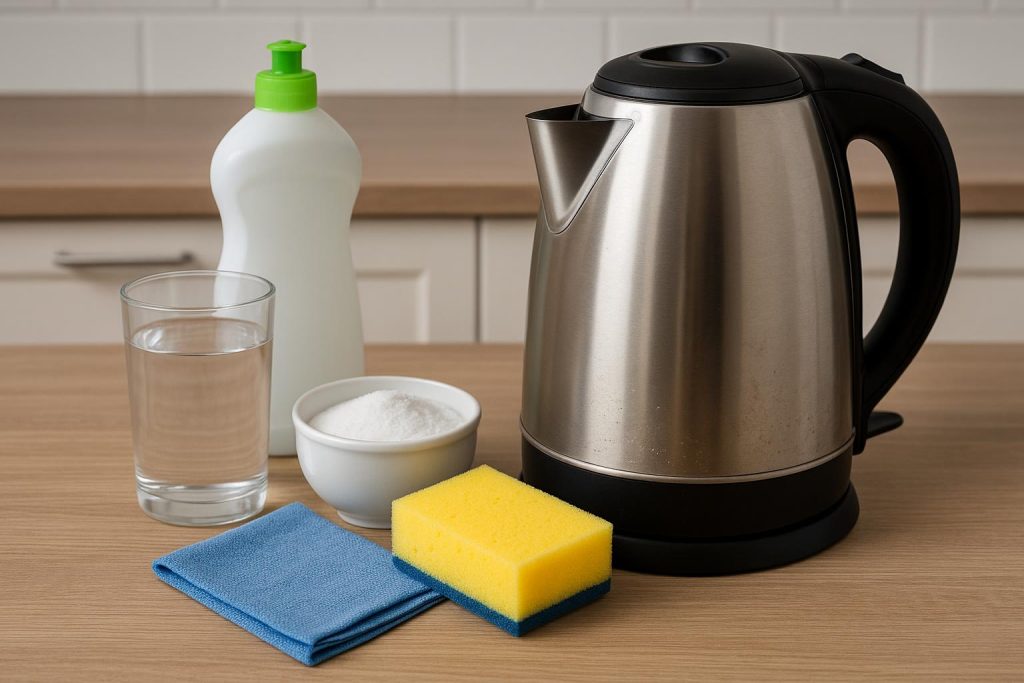 Electric kettle being cleaned with vinegar and sponge on a kitchen countertop