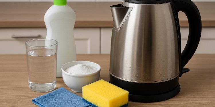 Electric kettle being cleaned with vinegar and sponge on a kitchen countertop