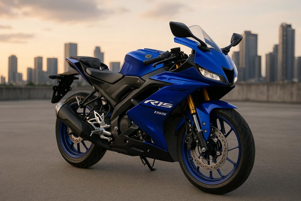 Close-up of a stylish 155cc sportbike highlighting premium features and modern design