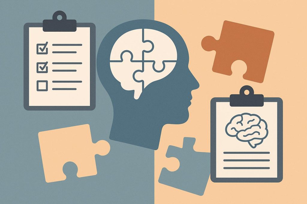 Brain graphics illustrating cognitive screening versus neuropsychological testing concepts